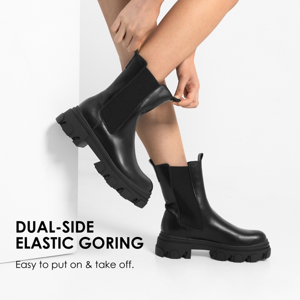 Mid Calf Chunky Chelsea Boots - BLACK PU - 3